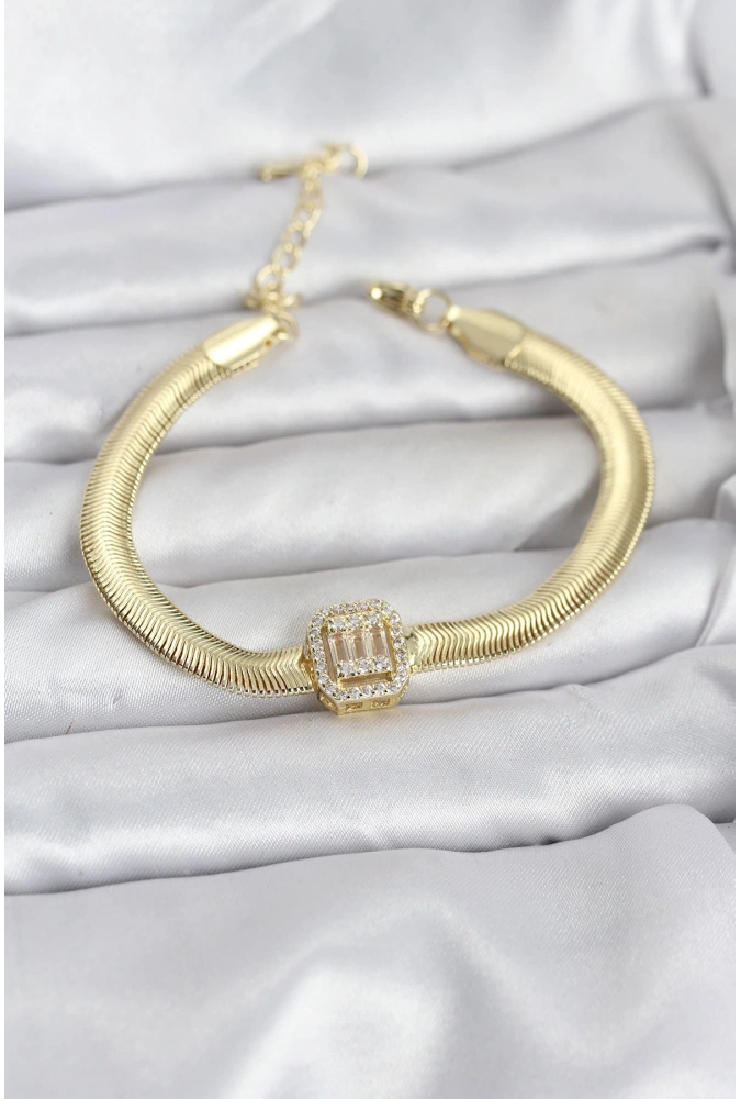 Shoecide 316l Çelik Gold Renk Baget Zirkon Taşlı Yılan Zincirli Kadın Bileklik