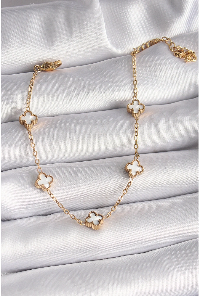 Shoecide 316l Çelik Gold Renk Beyaz Baby Boy Yonca Model Kadın Bileklik