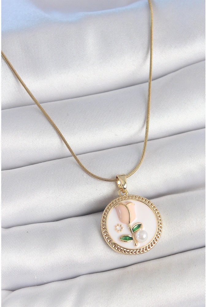 Shoecide 316l Çelik Gold Renk Beyaz Mineli İncili Çiçek İşlemeli Portre Model Kadın Kolye