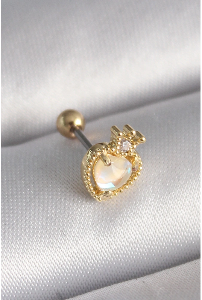 Shoecide 316l Çelik Gold Renk Beyaz Mineli Kalp Zirkon Taş Detaylı Taç Tragus Piercing