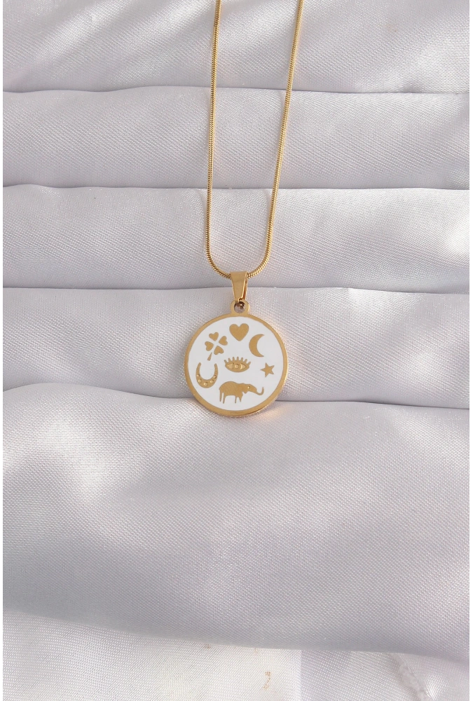 Shoecide 316l Çelik Gold Renk Beyaz Mineli Karışık Figürlü Tarot Kolye