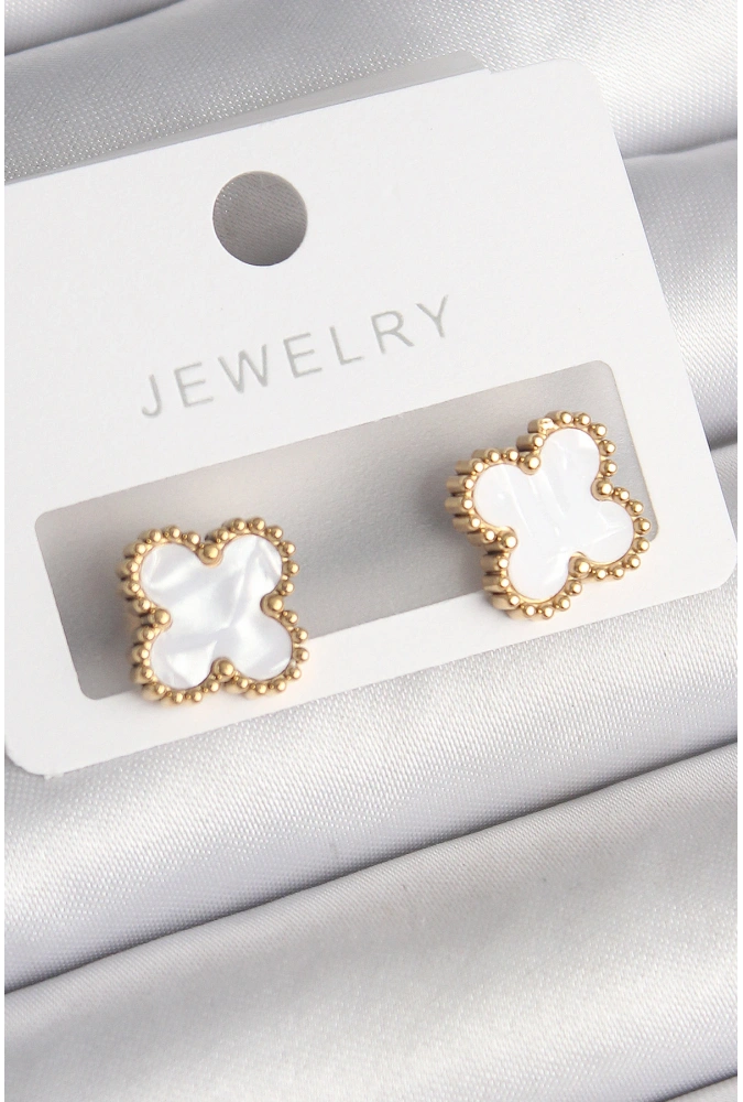 Shoecide 316l Çelik Gold Renk Beyaz Minelik Yonca Model Kadın Küpe