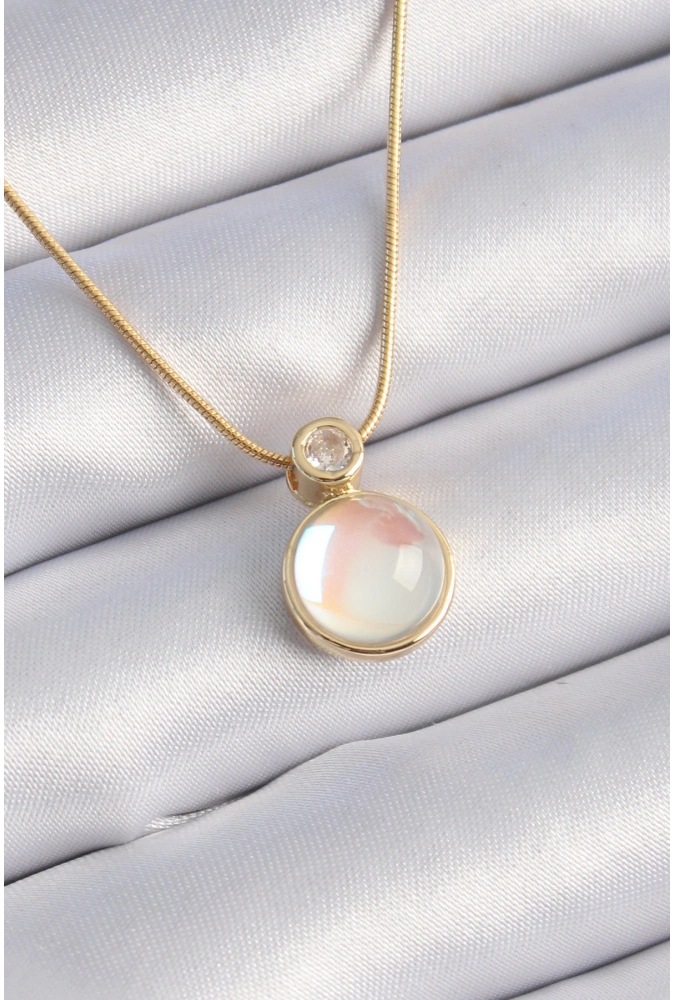 Shoecide 316l Çelik Gold Renk Beyaz Sedefli Vintage Kadın Kolye