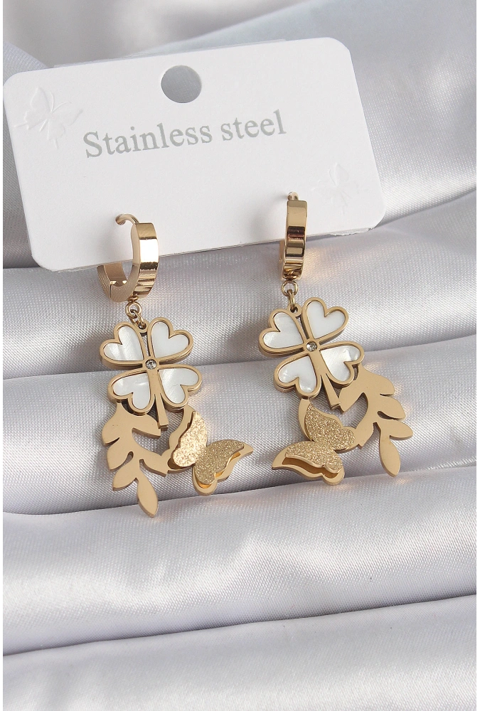 Shoecide 316l Çelik Gold Renk Beyaz Sedefli Yonca Simli Kelebek Figür Kadın Küpe