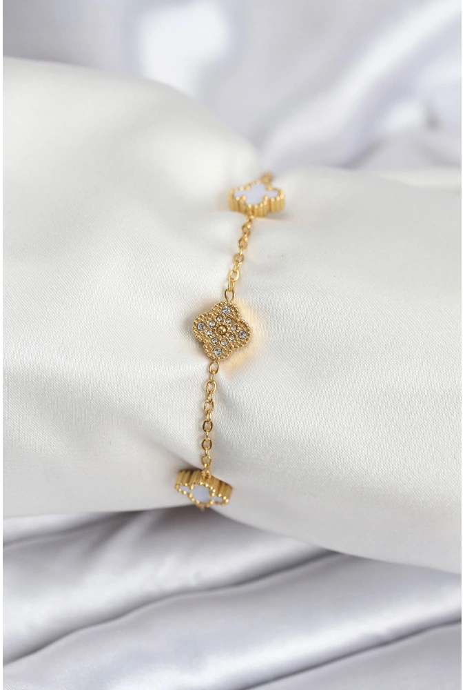 Shoecide 316l Çelik Gold Renk Beyaz Ve Zirkon Taşlı Baby Boy Yonca Kadın Bileklik