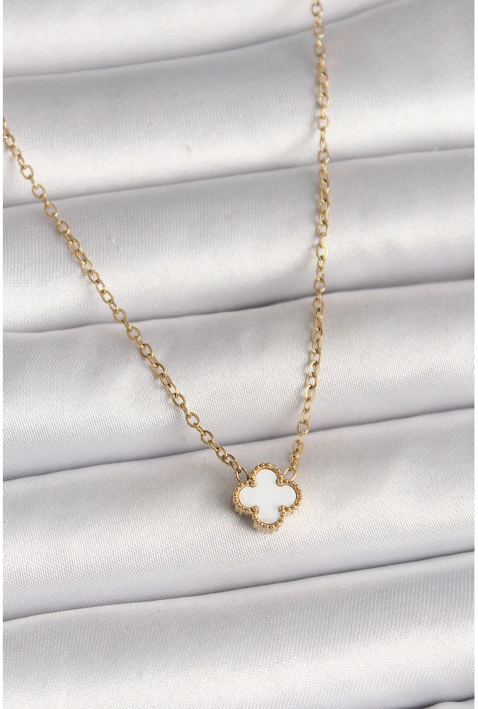 Shoecide 316l Çelik Gold Renk Beyaz Yonca Model Kadın Kolye