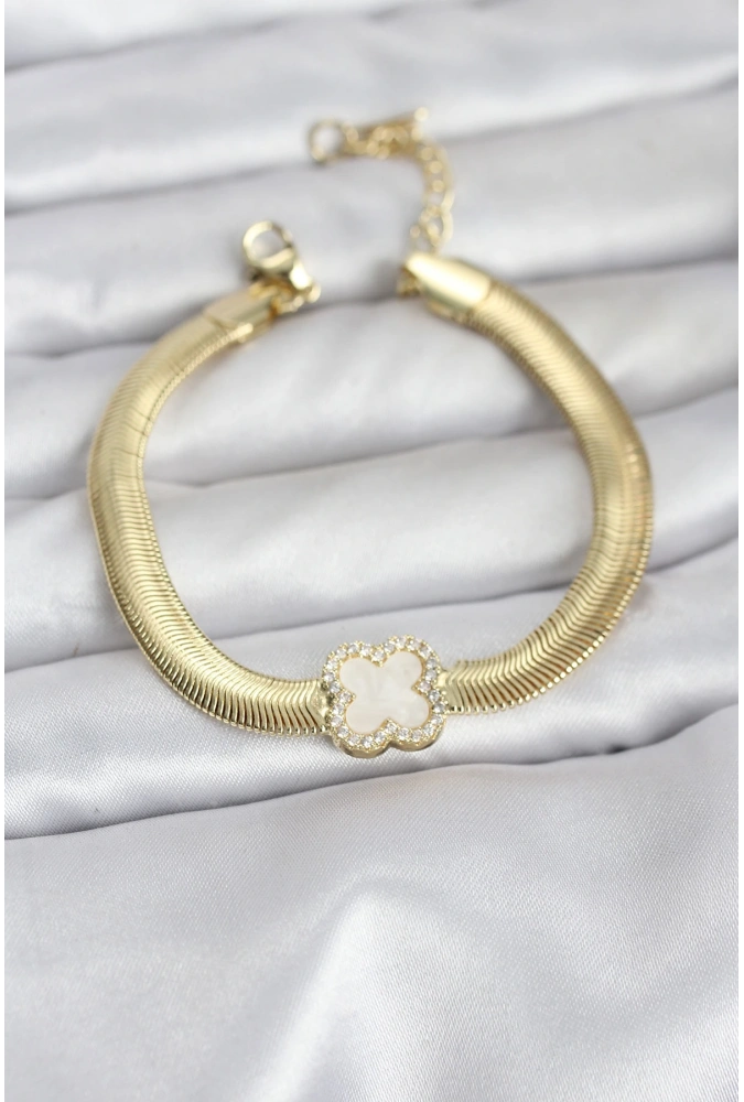 Shoecide 316l Çelik Gold Renk Beyaz Yonca Model Zirkon Taşlı Yılan Zincirli Kadın Bileklik