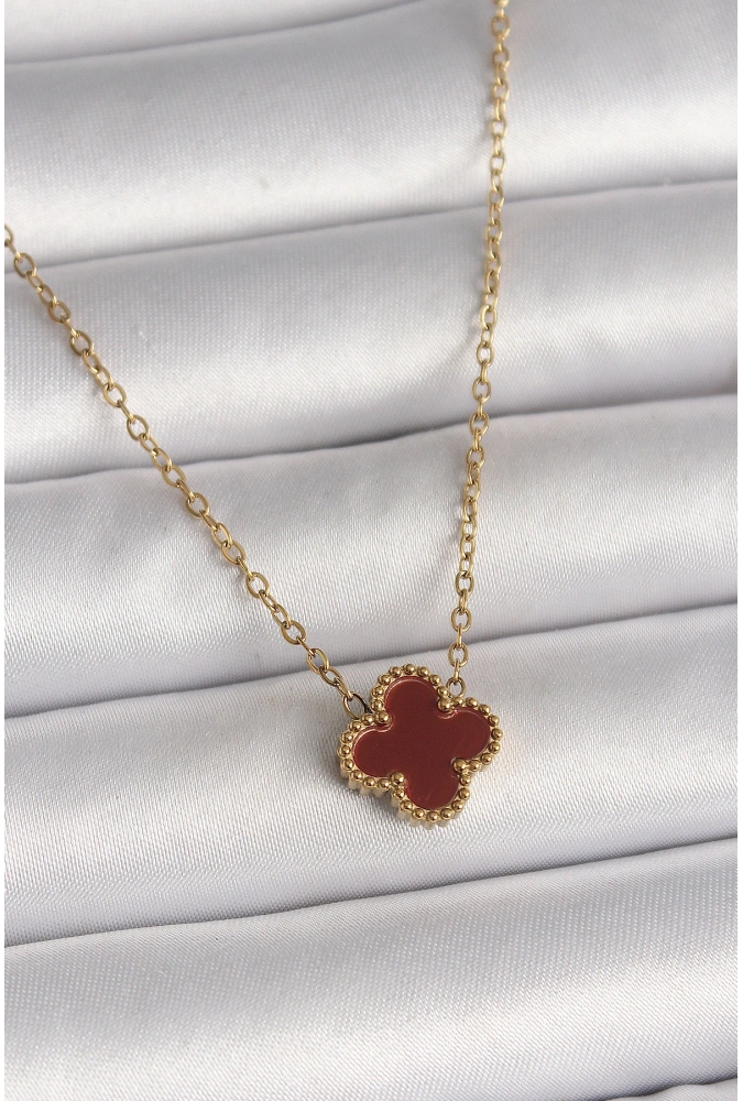 Shoecide 316l Çelik Gold Renk Bordo Yonca Model Kadın Kolye