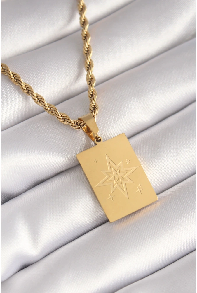 Shoecide 316l Çelik Gold Renk Burgu Zincir Kutup Yıldızı İşleme Plaka Figür Kadın Kolye