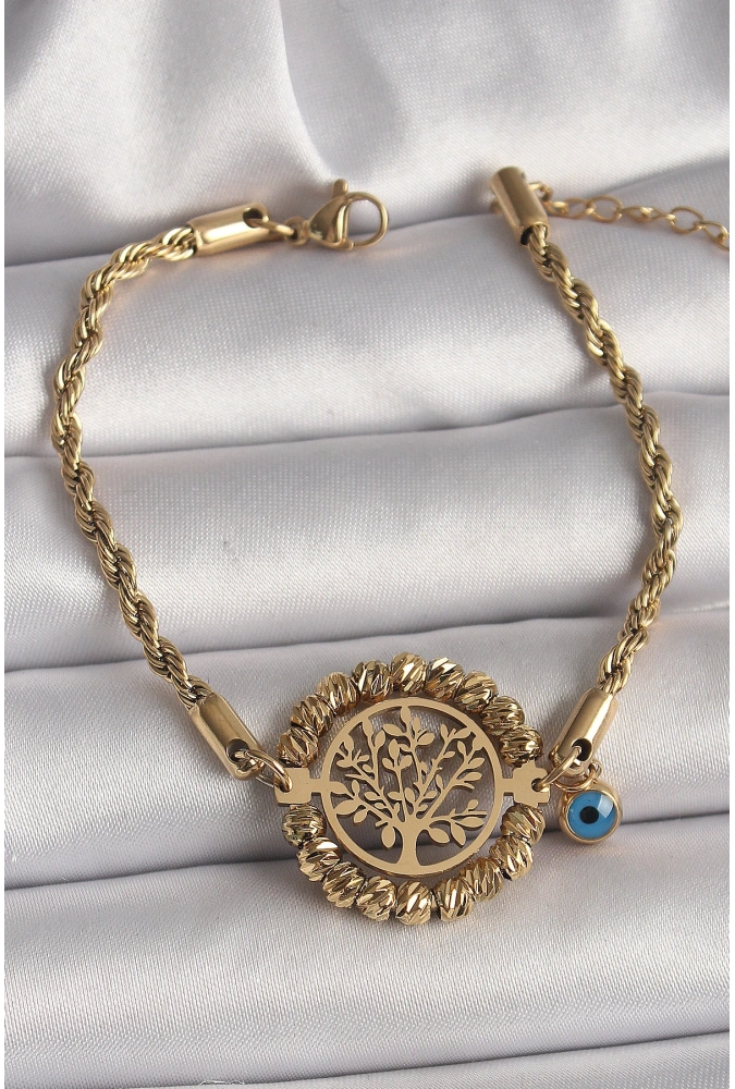 Shoecide 316l Çelik Gold Renk Burgu Zincir Model Dorika Yaşam Ağacı Figür Nazar Boncuk Detay Kadın Bileklik