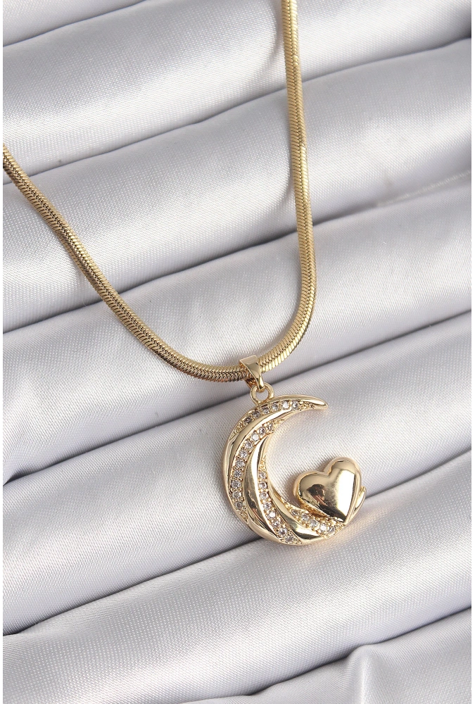 Shoecide 316l Çelik Gold Renk Çelik İtalyan Zincir Zirkon Taşlı Halil Figür Kalp Detay Kadın Kolye