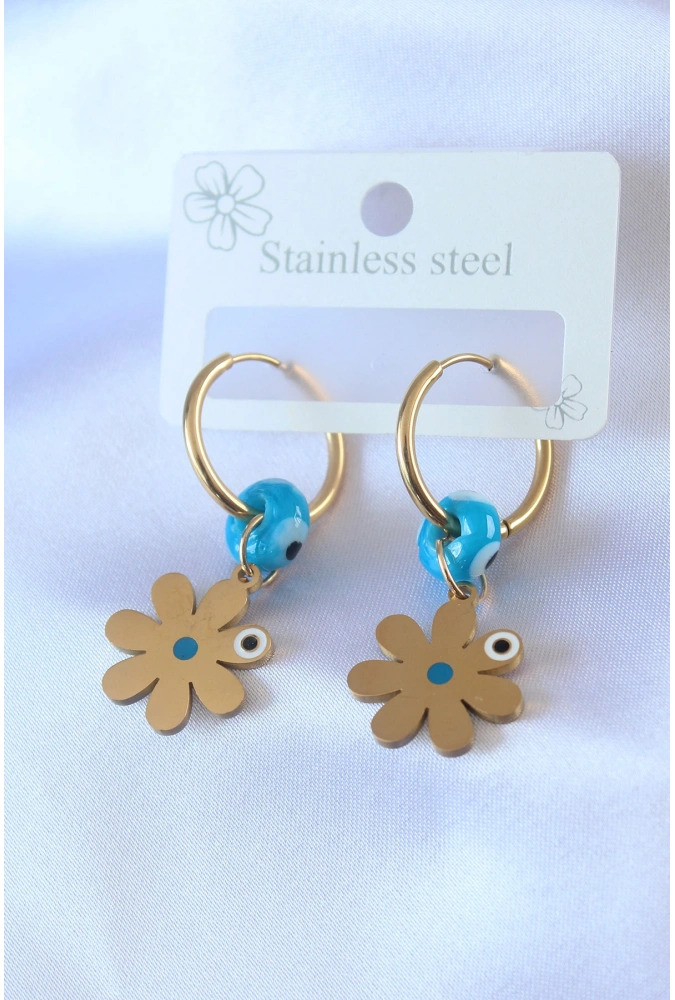 Shoecide 316l Çelik Gold Renk Çiçek Model Nazar Boncuk Detay Kadın Küpe