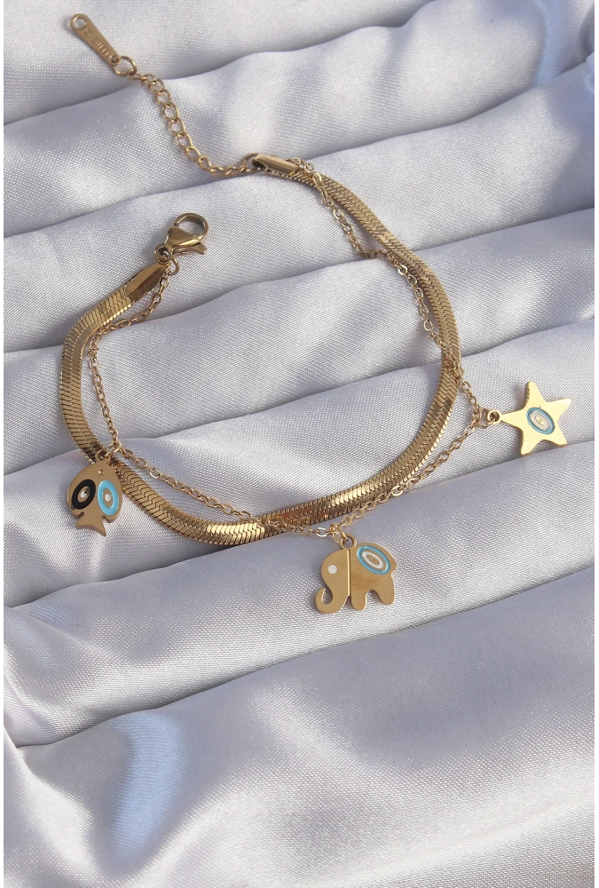 Shoecide 316l Çelik Gold Renk Çift Zincir Çoklu Aksesuarlı Bileklik