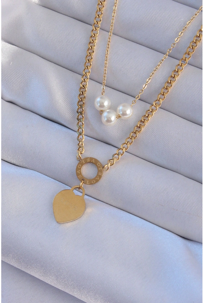 Shoecide 316l Çelik Gold Renk Çift Zincir İnci Detayı Love Kalp Kolye