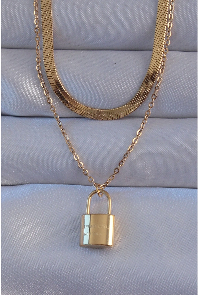 Shoecide 316l Çelik Gold Renk Çift Zincir Kilit Model Kolye