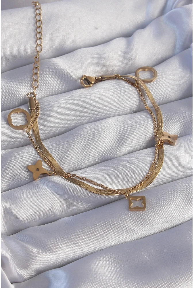 Shoecide 316l Çelik Gold Renk Çift Zincir Yonca Tasarım Bileklik