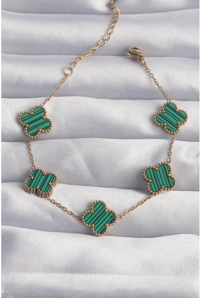 Shoecide 316l Çelik Gold Renk Çizgili Yeşil Mineli Yonca Bileklik