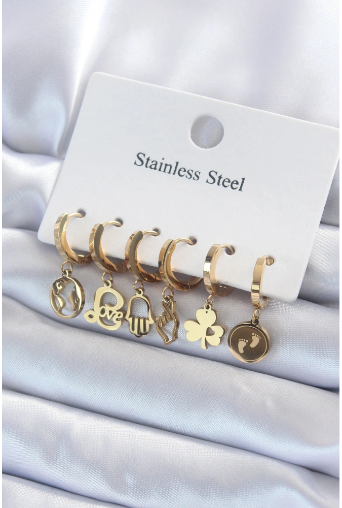 Shoecide 316l Çelik Gold Renk Çoklu Figür Model Kadın Küpe Seti
