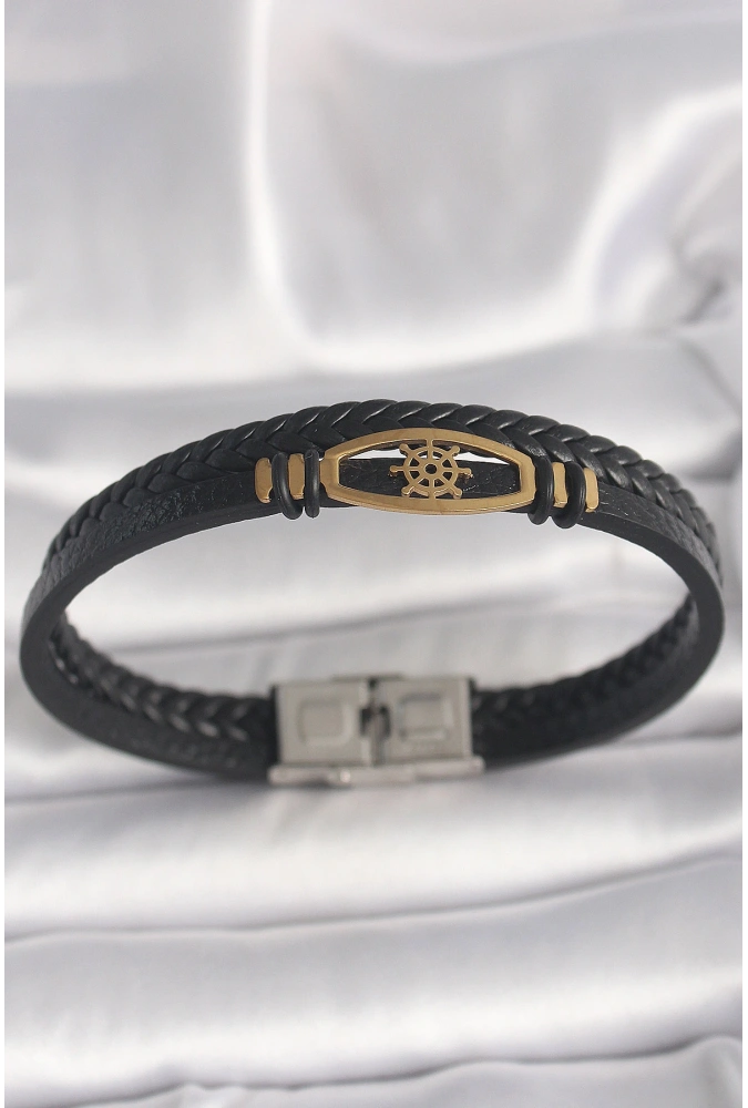Shoecide 316l Çelik Gold Renk Gemi Dümen Figür Siyah Renk Çift Sıra Burgu Desenli Deri Kordon Erkek Bileklik
