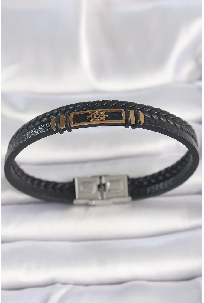 Shoecide 316l Çelik Gold Renk Gemi Dümeni Aksesuarlı Çift Sıra Burgu Desenli Deri Kordon Erkek Bileklik