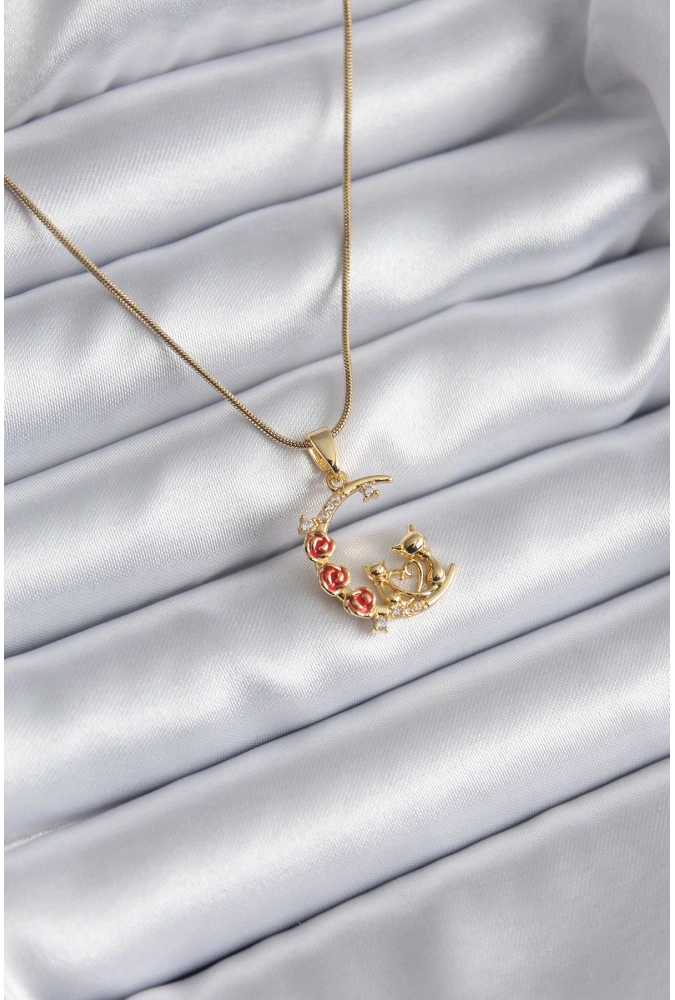 Shoecide 316l Çelik Gold Renk Hilal Kedi Model Zirkon Taşlı Detay Kadın Kolye