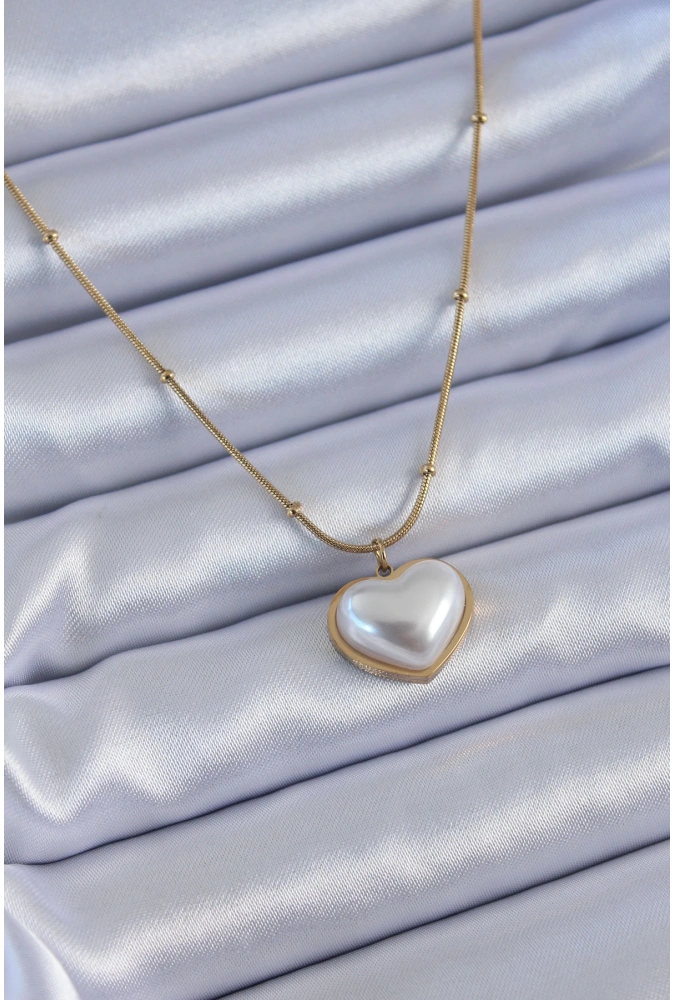 Shoecide 316l Çelik Gold Renk İncili Kalp Model Minimal Top Detay Kadın Kolye