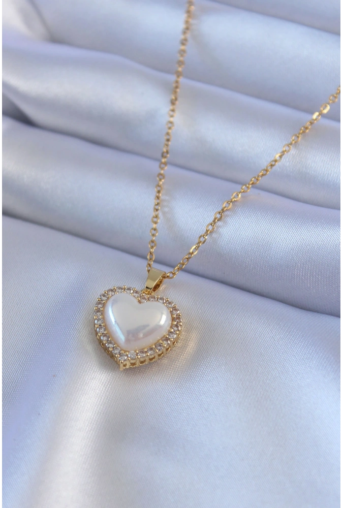 Shoecide 316l Çelik Gold Renk İncili Kalp Model Zirkon Taşlı Kadın Kolye