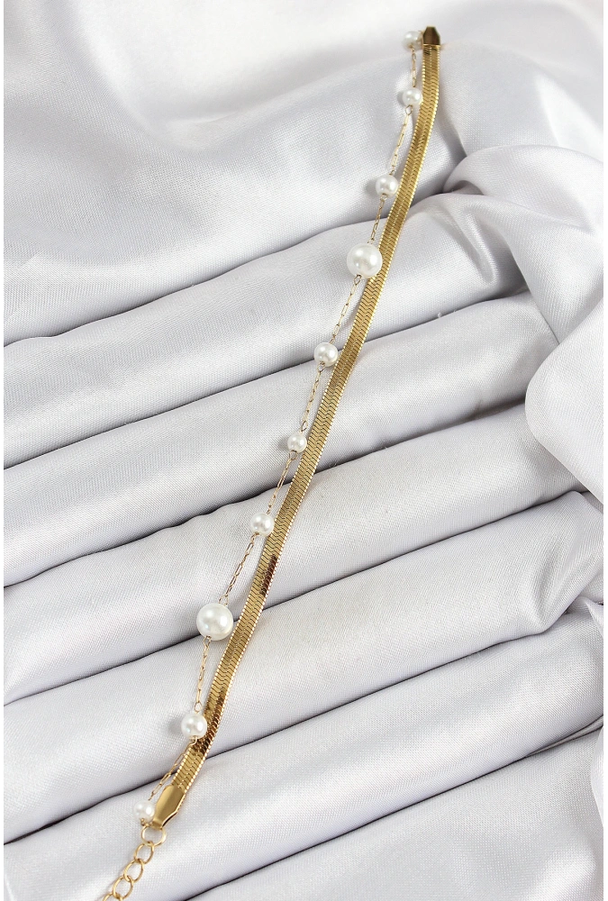 Shoecide 316l Çelik Gold Renk İncili Ve İtalyan Zincirli Kadın Bileklik