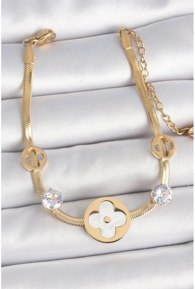 Shoecide 316l Çelik Gold Renk İtalyan Zincir Beyaz Mineli Yonca Model Zirkon Taş Detaylı Kadın Bileklik