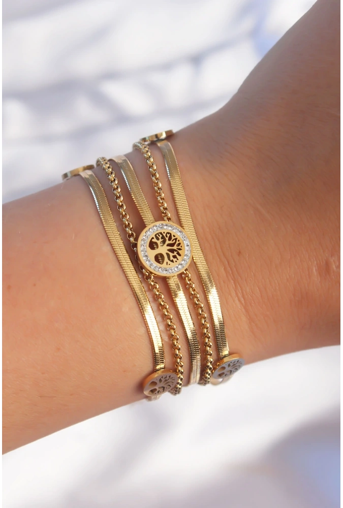 Shoecide 316l Çelik Gold Renk İtalyan Zincir Detaylı Zirkon Taşlı Yaşam Ağacı Tasarımlı Çoklu Bileklik