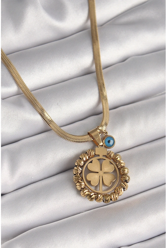 Shoecide 316l Çelik Gold Renk İtalyan Zincir Dorika Yonca Model Nazar Boncuk Detay Kadın Kolye