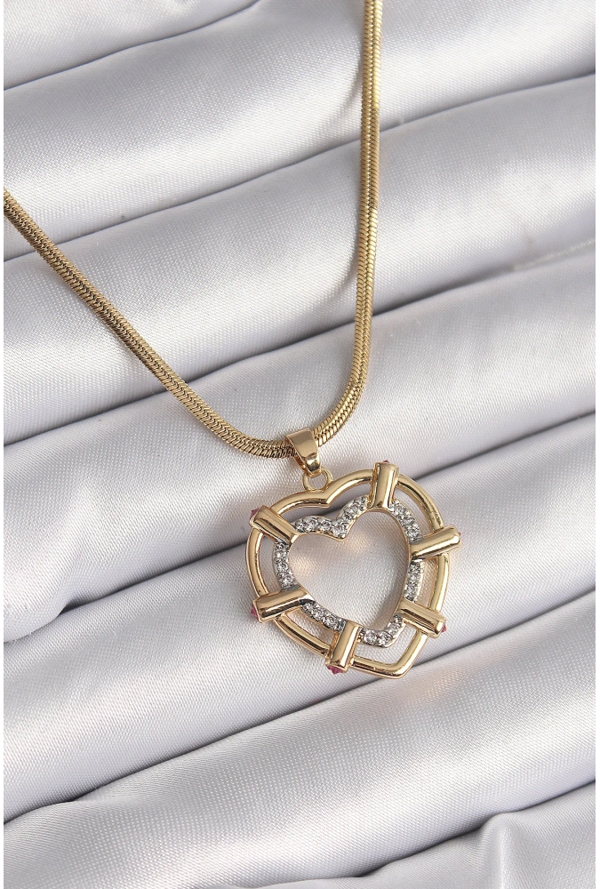 Shoecide 316l Çelik Gold Renk İtalyan Zincir Mix Renk Zirkon Taşlı Kalp Model Kadın Kolye