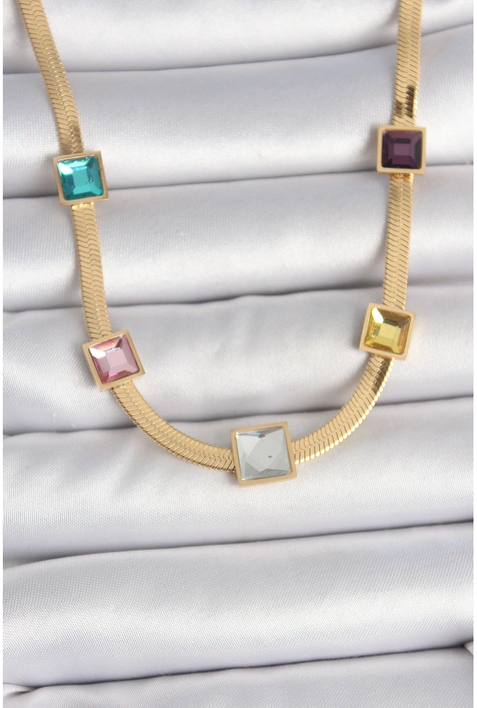 Shoecide 316l Çelik Gold Renk İtalyan Zincir Model Kare Renkli Zirkon Taşlı Kadın Kolye