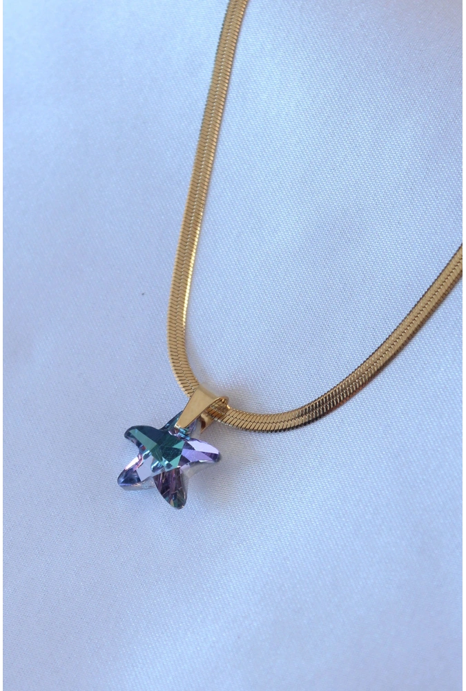 Shoecide 316l Çelik Gold Renk İtalyan Zincir Model Kristal Deniz Yıldız Model Kadın Kolye