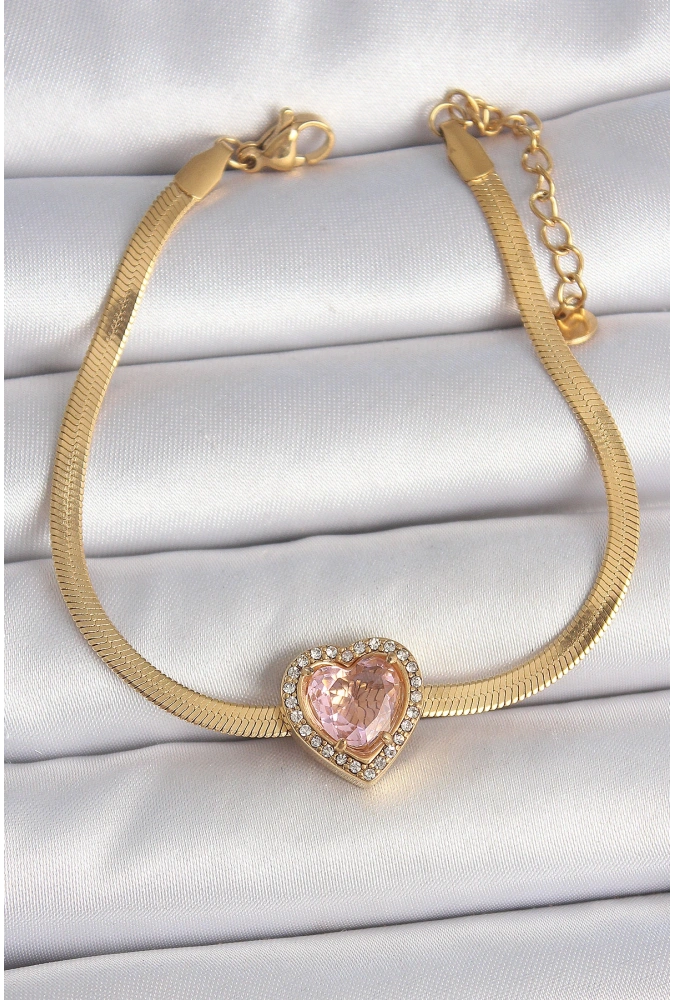 Shoecide 316l Çelik Gold Renk İtalyan Zincir Pembe Zirkon Taşlı Kalp Model Kadın Bileklik