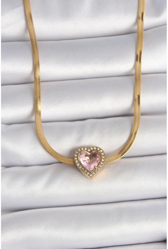 Shoecide 316l Çelik Gold Renk İtalyan Zincir Pembe Zirkon Taşlı Kalp Model Kadın Kolye