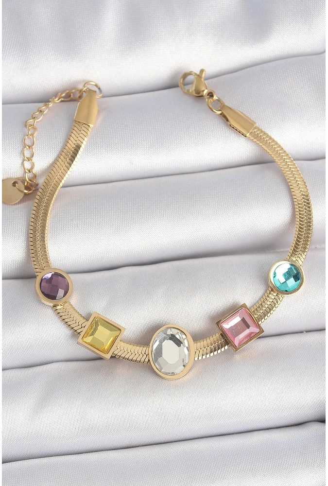 Shoecide 316l Çelik Gold Renk İtalyan Zincir Renkli Zirkon Taşlı Kadın Bileklik