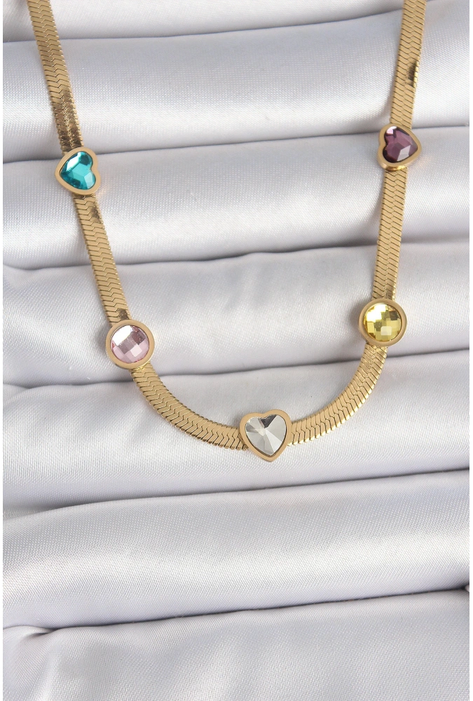 Shoecide 316l Çelik Gold Renk İtalyan Zincir Renkli Zirkon Taşlı Kalp Figür Kadın Kolye