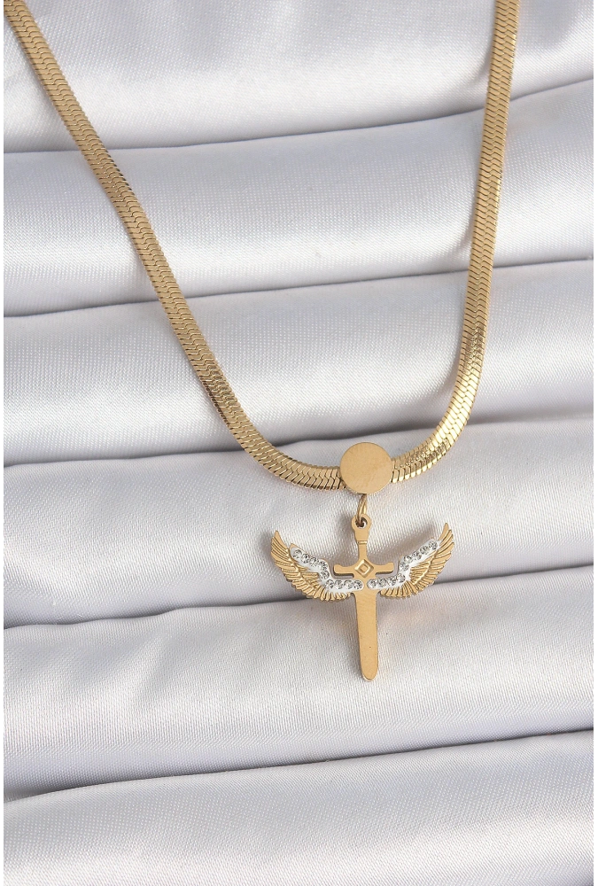 Shoecide 316l Çelik Gold Renk İtalyan Zincir Zirkon Taş Detaylı Mikail Model Kadın Kolye