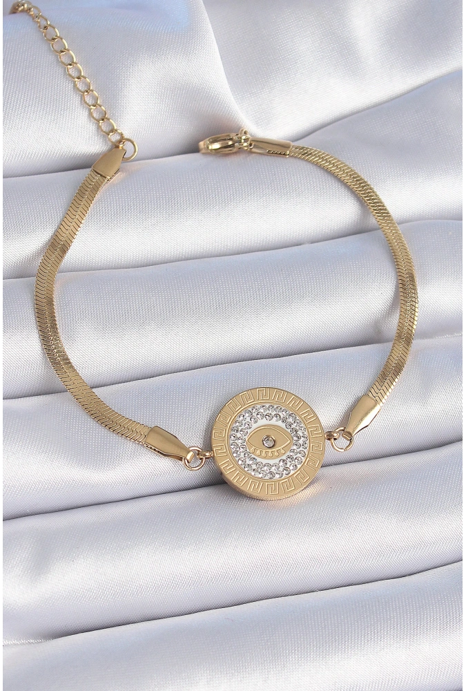Shoecide 316l Çelik Gold Renk İtalyan Zincir Zirkon Taşlı Göz İşlemeli Madalyon Model Kadın Bileklik