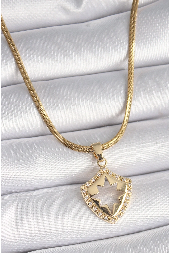 Shoecide 316l Çelik Gold Renk İtalyan Zincir Zirkon Taşlı Kutup Yıldız İşleme Kadın Kolye