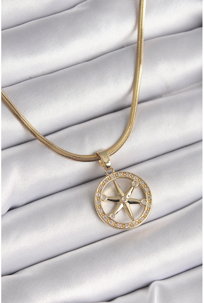 Shoecide 316l Çelik Gold Renk İtalyan Zincir Zirkon Taşlı Kutup Yıldız Model Kadın Kolye