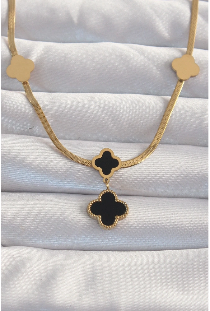 Shoecide 316l Çelik Gold Renk İtalyan Zincirli Mineli Yonca Kolye