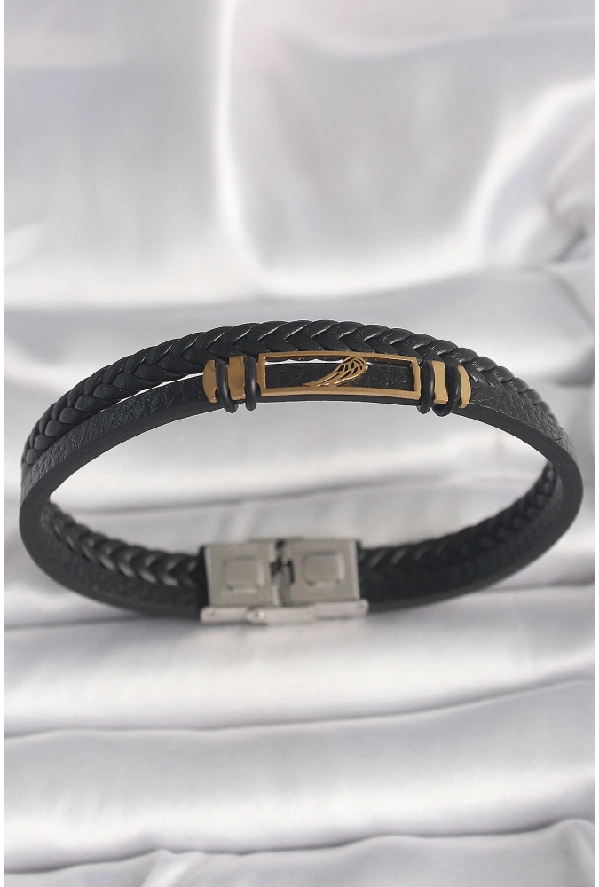 Shoecide 316l Çelik Gold Renk Kanat Aksesuarlı Siyah Burgu Model Deri Kordon Erkek Bileklik