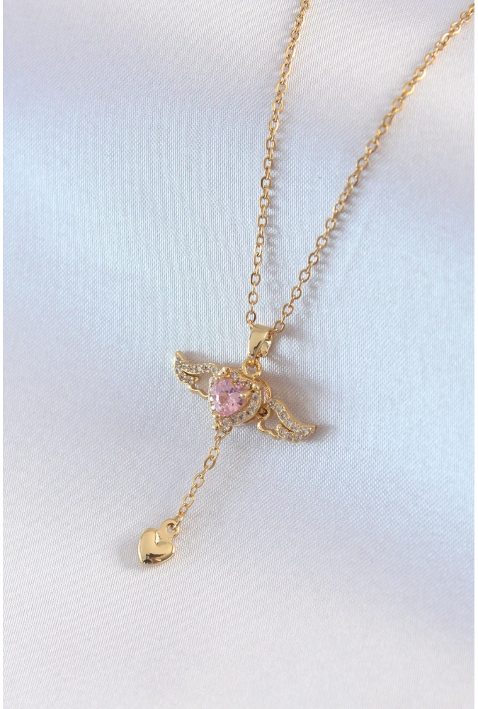 Shoecide 316l Çelik Gold Renk Kanatlı Kalp Model Zirkon Taş Detay Kadın Kolye