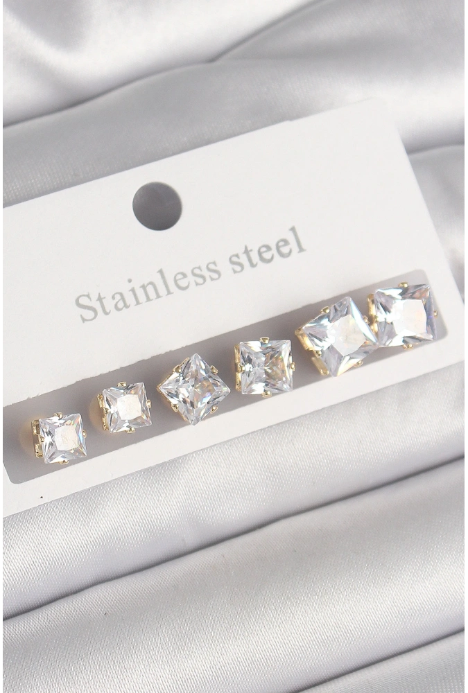 Shoecide 316l Çelik Gold Renk Kare Zirkon Taş Model Kadın Küpe Seti