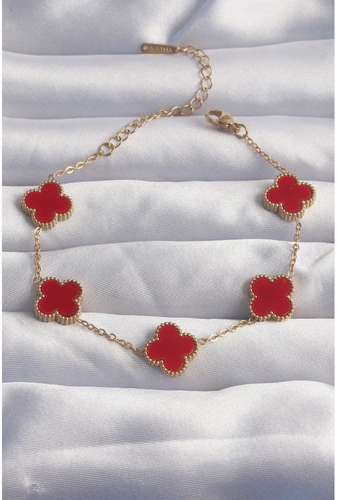 Shoecide 316l Çelik Gold Renk Kırmızı Mineli Yonca Bileklik