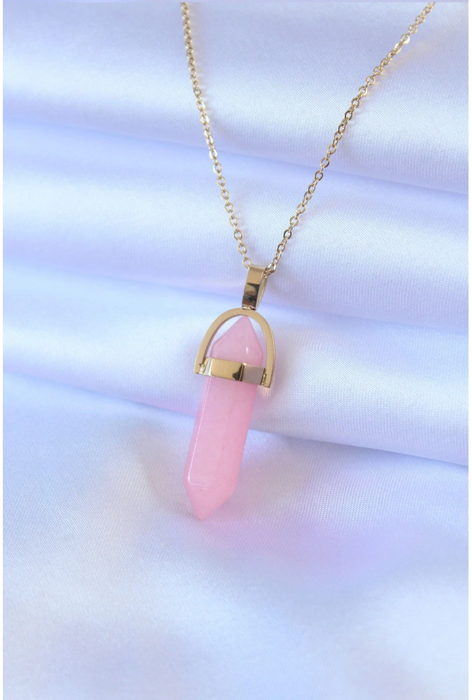 Shoecide 316l Çelik Gold Renk Kristal Pembe Taş Model Kadın Kolye