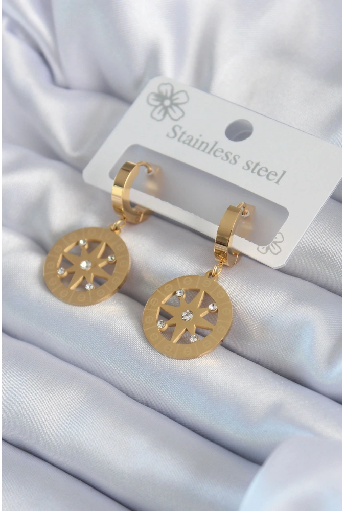 Shoecide 316l Çelik Gold Renk Kutup Yıldızı Model İşleme Detay Zirkon Taşlı Kadın Küpe