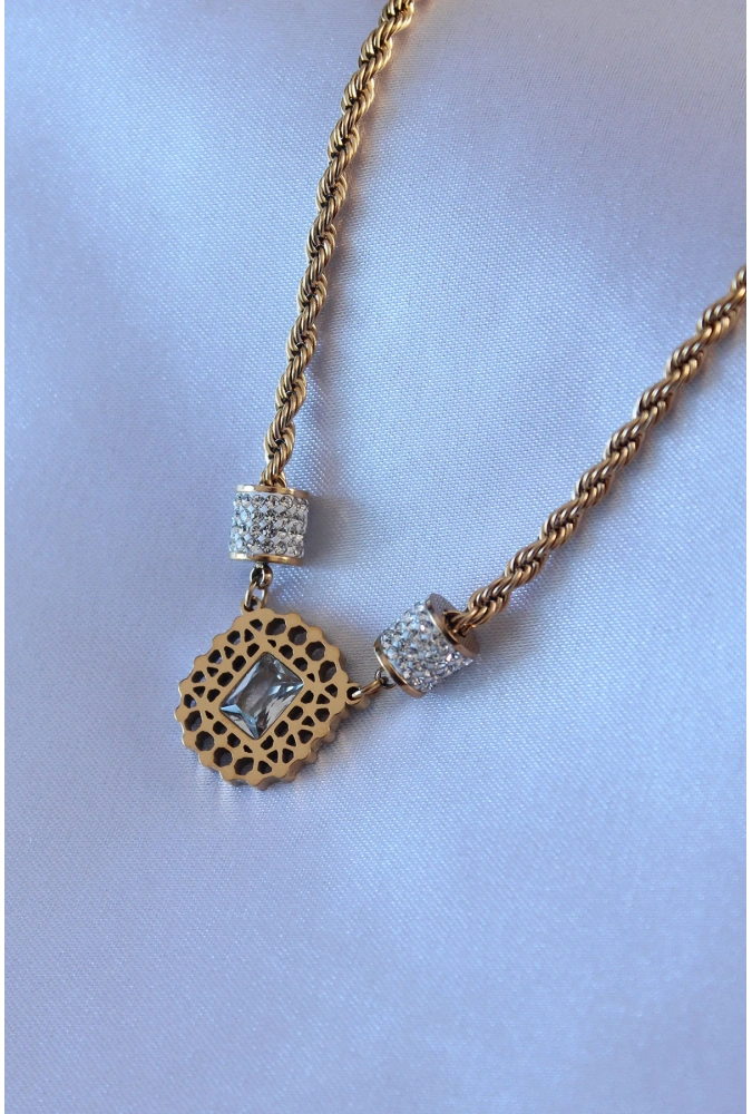 Shoecide 316l Çelik Gold Renk Lotus Model Zirkon Taşlı Burgu Zincir Kadın Kolye